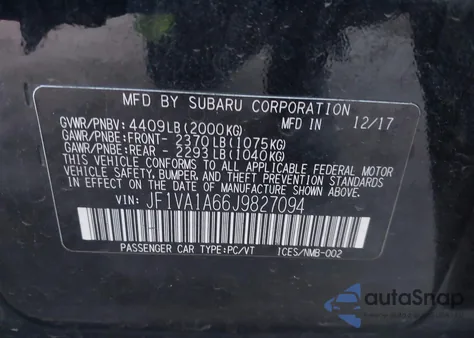 2018 Subaru Wrx из США, поврежденный, VIN JF1VA1A66J9827094